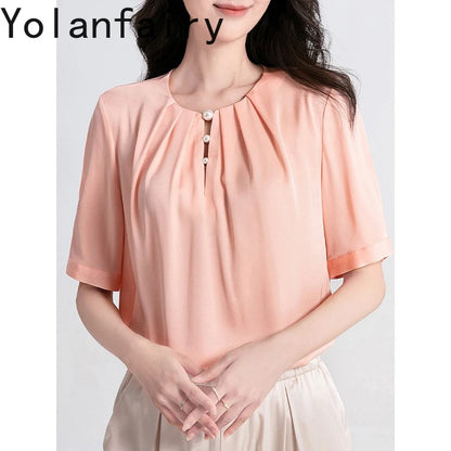 YOLANFAIRY 100% Natural Mulberry Silk T Shirts Woman Clothing 2026 Summer Loose Fashion T Shirt Elegant Womens Tops Short Sleeve
