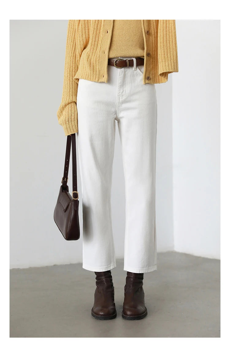 CHIC VEN Women Pants White Slim High Waisted Cotton Straight Leg Casual Slim Leg Jeans Girl Trouser Spring Autumn 2025