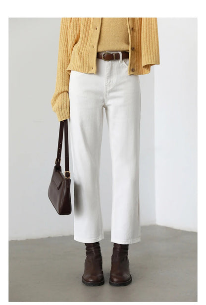 CHIC VEN Women Pants White Slim High Waisted Cotton Straight Leg Casual Slim Leg Jeans Girl Trouser Spring Autumn 2025