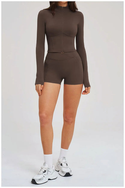 2PCS Yoga Suit Women's Tracksuit Gym Clothing Sportswear Female Workout Long Sleeve Sports Suit High Waist Cycling Shorts Set