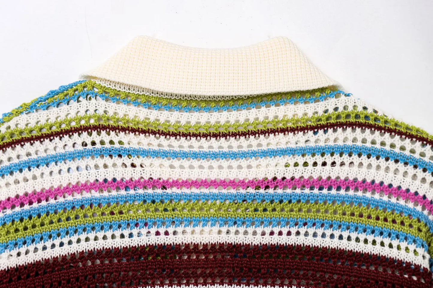 Women Patchwork Striped Hollow Out Crochet Knitted Crop Sweater Shorts Set Short Sleeve Polo Collar Sweater Knit Shorts Suit Y2K