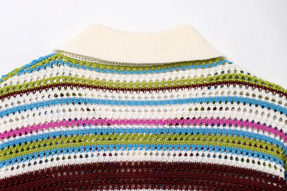 Women Patchwork Striped Hollow Out Crochet Knitted Crop Sweater Shorts Set Short Sleeve Polo Collar Sweater Knit Shorts Suit Y2K