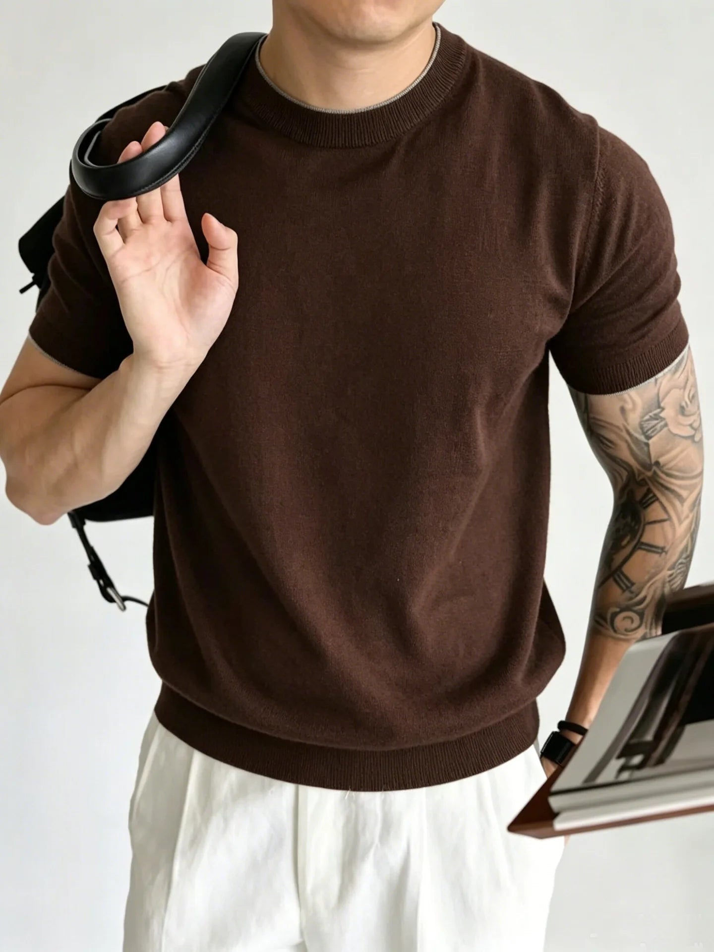 Light Luxury Cashmere Blend Anti Pilling Knitted Short Sleeved Round Neck T-shirt for Men, Retro Casual Business Summer Shirt