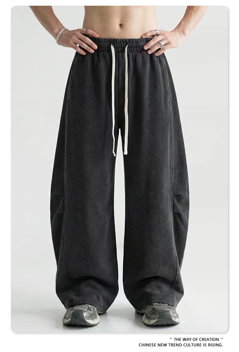 Custom LOGO Men's 320G retro fried snowflake 100% cotton high street scimitar straight tube old loose straight trousers
