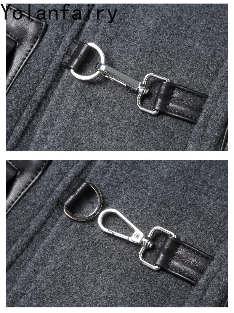YOLANFAIRY Luxury Woolen Jackets for Man Autumn Winter Mid-length Pure Wool Patchwork Sheepskin Trench Coat Hooded Mens Jacket