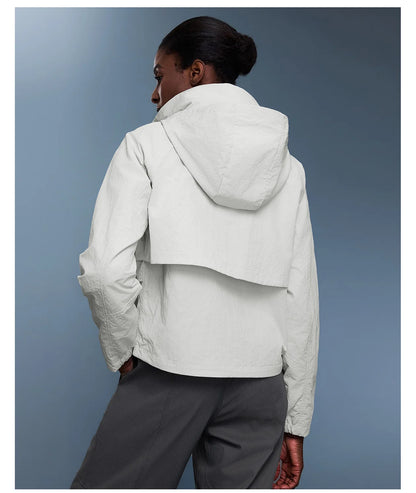 Custom LOGO women's autumn light and breathable waterproof trench coat stand-up collar hooded casual short pocket sports jacket