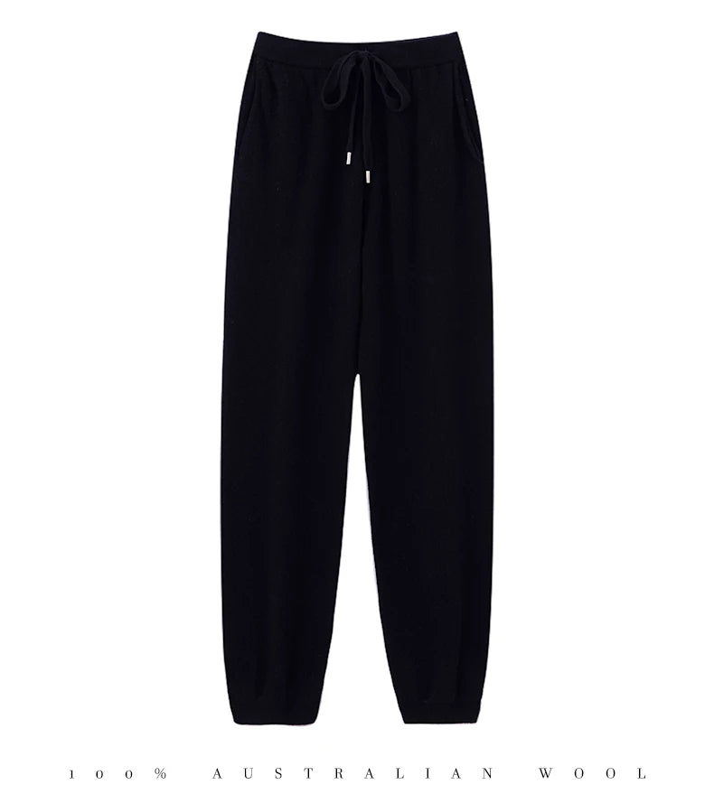 2024 Autumn And Winter New 100% Pure Wool Flat Small Foot Pants Women Loose High Waist Lean Knitted Cashmere Bunched Foot Pants