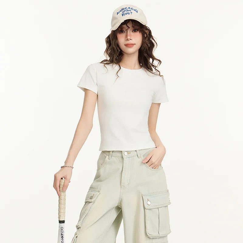 Custom LOGO DIY Women's Short Sleeve Solid Slim Fit Crew Neck Tee Basic Skinny Ribbed Tight Athletic Casual Workout Yoga Tshirt