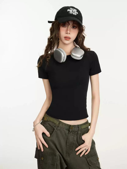 Custom LOGO DIY Women's Short Sleeve Solid Slim Fit Crew Neck Tee Basic Skinny Ribbed Tight Athletic Casual Workout Yoga Tshirt