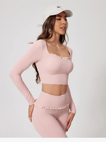 New Summer 2Pcs Women Gym Yoga Female Outfit Outdoor Sports Quick-Dry Long-Sleeved Shirt Set Woman Two-Piece Suit Sportswear