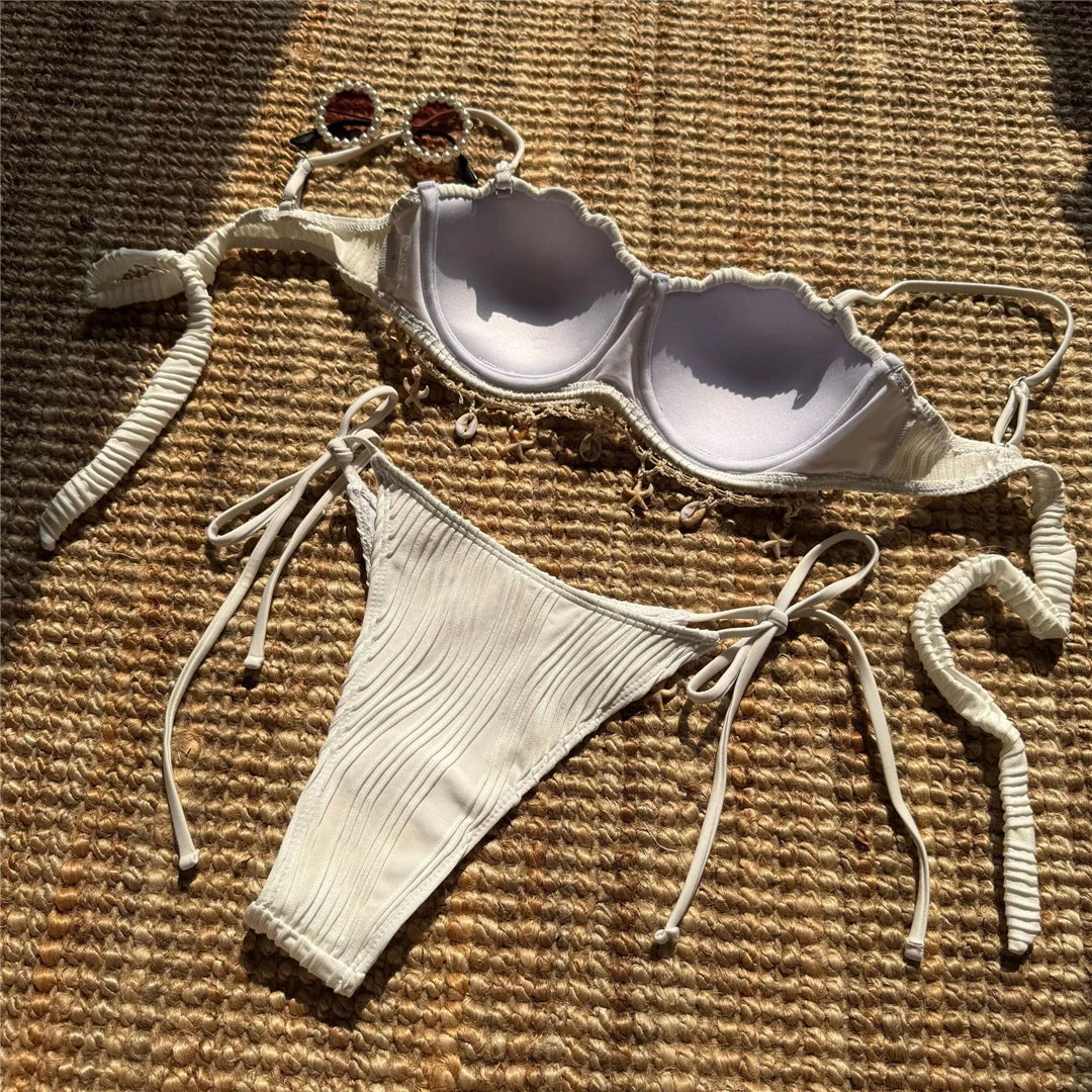 New Shell Scalloped Ribbed Underwired Bikini Female Swimsuit Women Swimwear Two-pieces Bikini set Bather Bathing Suit Swim V6498