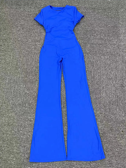 Women's Tracksuit Yoga Set Backless Jumpsuits Back V One Piece Fitness Rompers Short Sleeves Sportswear Gym Set Workout Clothes