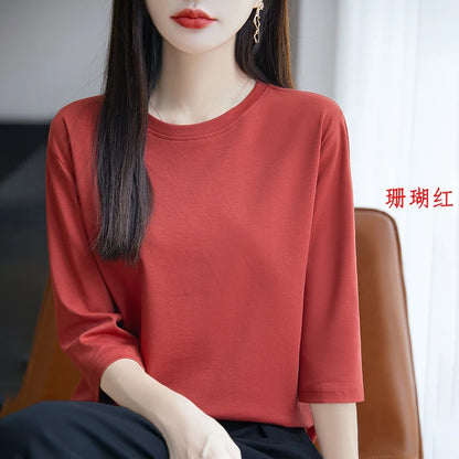 Spring And Summer New White Mercerized Cotton Short Sleeve T-Shirt Feminine Joker Cotton Cropped Sleeve Bottoming Shirt