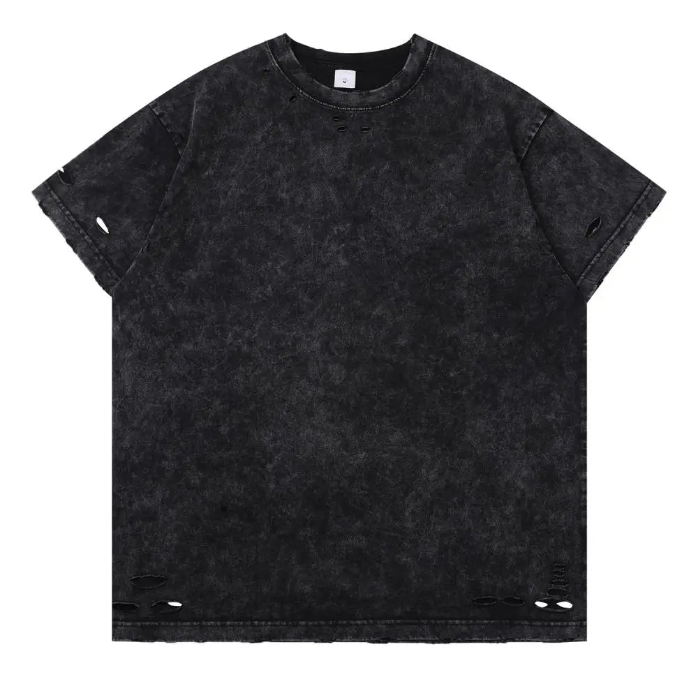 DIY Custom LOGO DIY 300gsm Heavy Thick Ripped Holes Short Sleeves T-shirt Solid Color Oversized Casual Summer Harakuju Tees