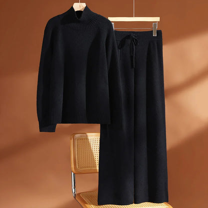 CHICUU Women's 100% Wool Sweater Pants Set Thick Mock Neck Pullover Wide Leg Pants Autumn Winter Warm Casual Wool Knitwear Suit