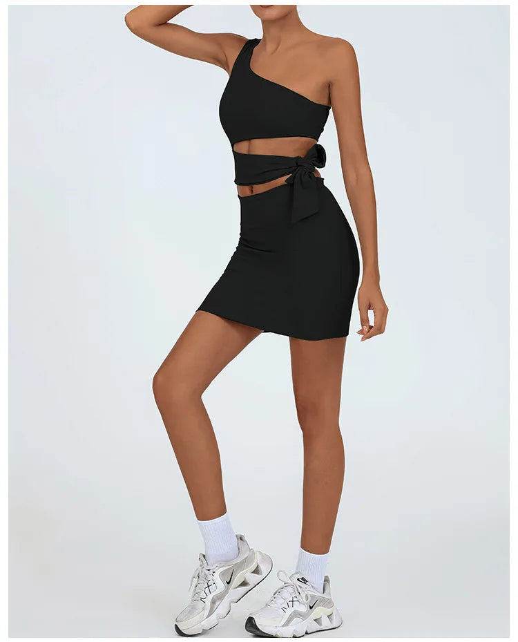 Tennis Dress Women Golf One Shoulder Hollow Out Bandage Slim Fit Fitness Tennis Short Skrit Badminton Dress One-Pieces Yoga Set