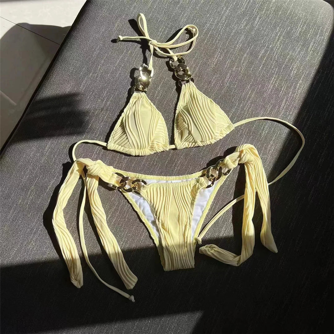 Metal Rings Halter Wrinkled Bikini Female Swimsuit Women Swimwear Two-pieces Bikini set Bather Bathing Suit Swim Lady V4149SW