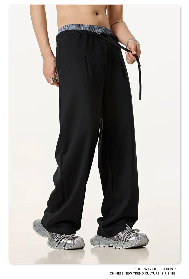 Custom LOGO Men's 2025 Summer 280G American Neutral Wind Splicing Double Waist Wide Leg Pants Sports Straight Couple Sweatpants