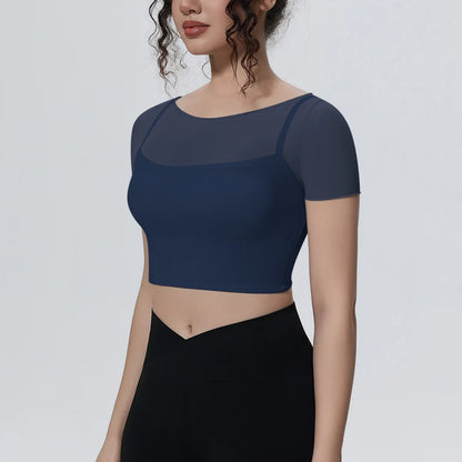 Hearuisavy Women's Mesh Short Sleeve Yoga Top With Padded Bra Fake Two Piece Gym Clothing Quick Dry Sports Crop Top Fitness Top