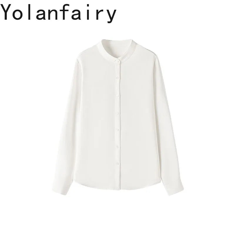YOLANFAIRY 93% Natural Mulberry Silk Shirts Woman 2026 Stand Collar Long Sleeve Blouse Women Elegant White Shirt OL Ladies Tops