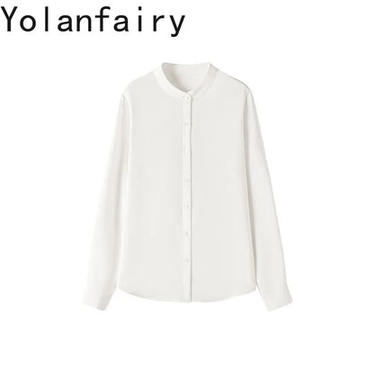 YOLANFAIRY 93% Natural Mulberry Silk Shirts Woman 2026 Stand Collar Long Sleeve Blouse Women Elegant White Shirt OL Ladies Tops
