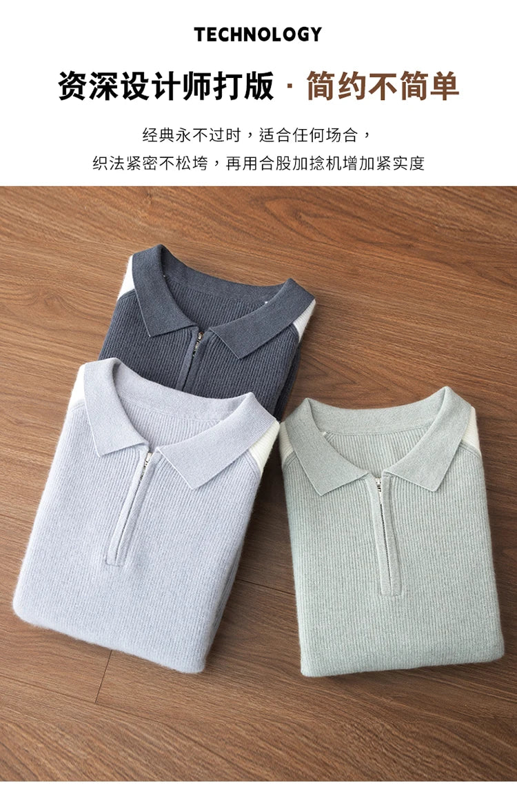 100% Cashmere Polo Sweater Autumn Winter Basic Smart Casual Long Sleeve Men's Pullover Cashmere Knitwear Soft Comfy Clothing Top