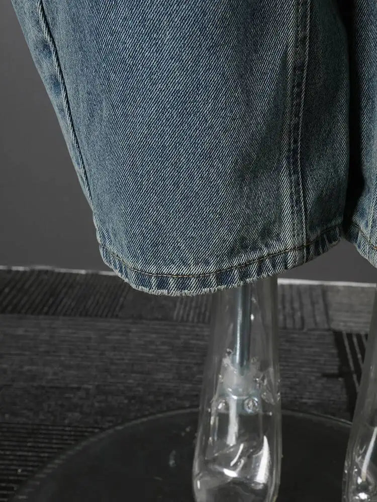 DEAT Fashion Cross Buckle Waist Baggy Jeans Women's High Waist Loose Fit Vintage Blue Denim Pants Sumemr New