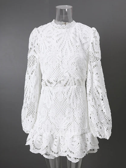 DEAT Fashion White Stand Collar Lantern Long Sleeve Water-soluble Lace Dress A-line Ruffle Hollow Party Mini Dresses Summer New