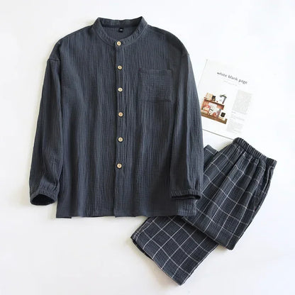 2026 Japanese style new couple sleepwear set 100% cotton crepe fabric long sleeved long pants two-piece home wear pajama