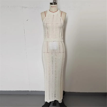 New Sleeveless Crochet Knitted 2 Pieces Suits Tunic Beach Cover Up Cover-ups Beach Dress Beach Wear Beachwear Female Women V6717