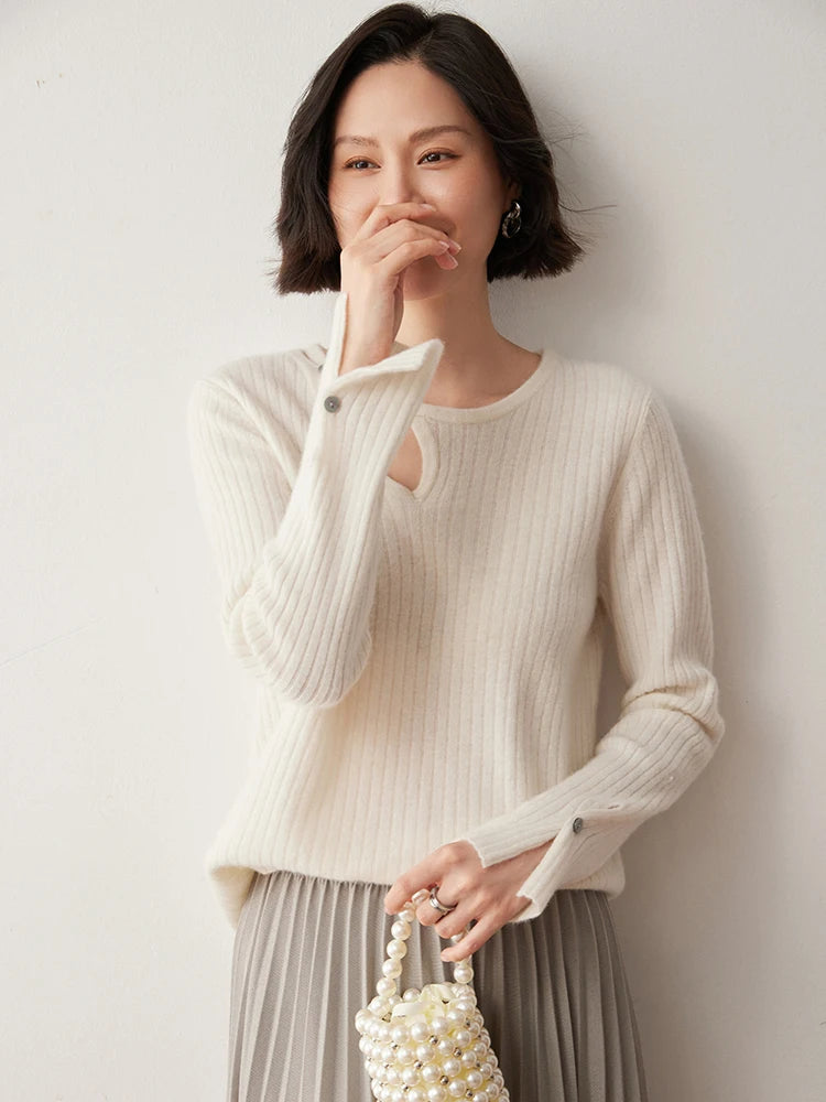 CHICUU Women's 100% Cashmere Knit Pullover Sweater Cut Out Collar Long Sleeve Pullover Autumn Winter Basic Cashmere Knitwear Top