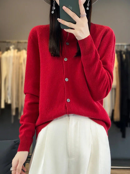 100% Merino Wool Sweater Women O-Neck Cardigan Basic Style  Buttoned Knitwear Female Casual Autumn Winter Soft Tops
