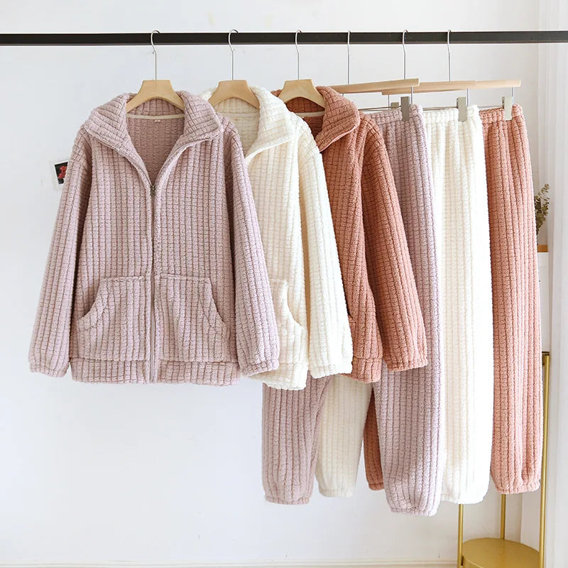 2026 New Autumn/Winter Pajama Set Couple Flannel Long Sleeve Pants Two Piece Coral Fleece Home Fur for Men and Women