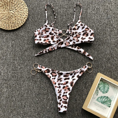 Metal Rings Leopard Brazilian Bikini Women Swimwear Female Swimsuit Two-piece Bikini set Thong Bather Bathing Suit Swim V1441