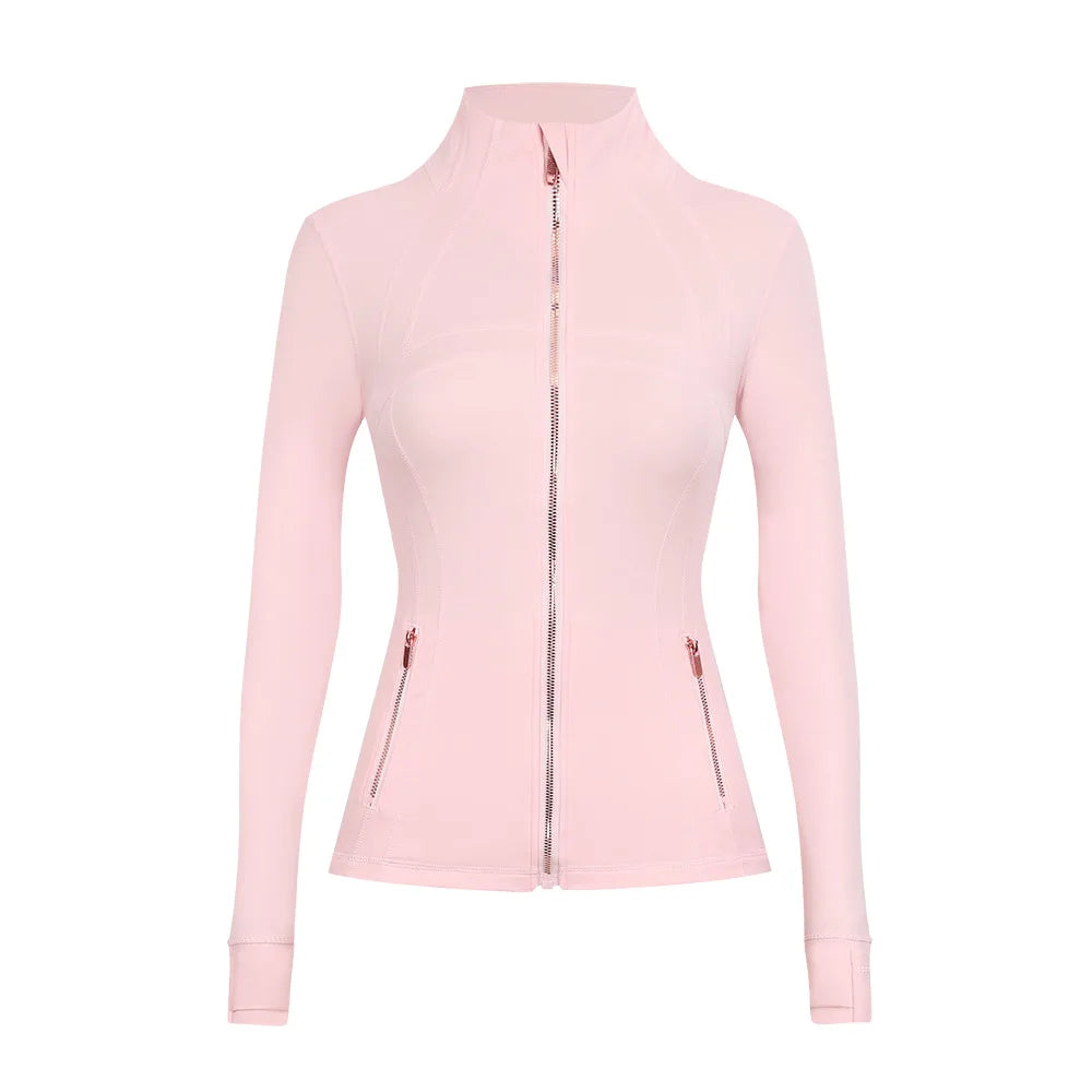 Personalized LOGO custom women's gold zip jacket tight stand-up collar quick-drying fitness running yoga suit 41-color S-3XL top