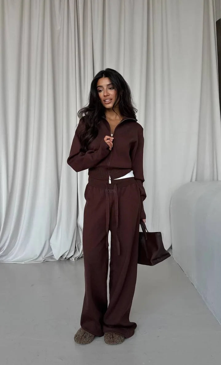 Women Cotton Knitted Cardigan Wide Leg Pants Suit Autumn and Winter Lady  Fashion Loose Daily Office Jacket Straight Pants 2Pcs