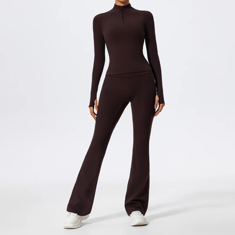 Hearuisavy Summer Half Zipper Yoga Suit Outdoor Workout Clothing Gym Set Women Flared Pants 2Pcs Sports Long Sleeves Shirt Suit