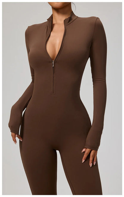 TRY TO BN Women's Jumpsuit Long Sleeve Zipper Shapewear Bodysuit Yoga Fitness One Piece Tights Gym Clothing Mono Deportivo Mujer