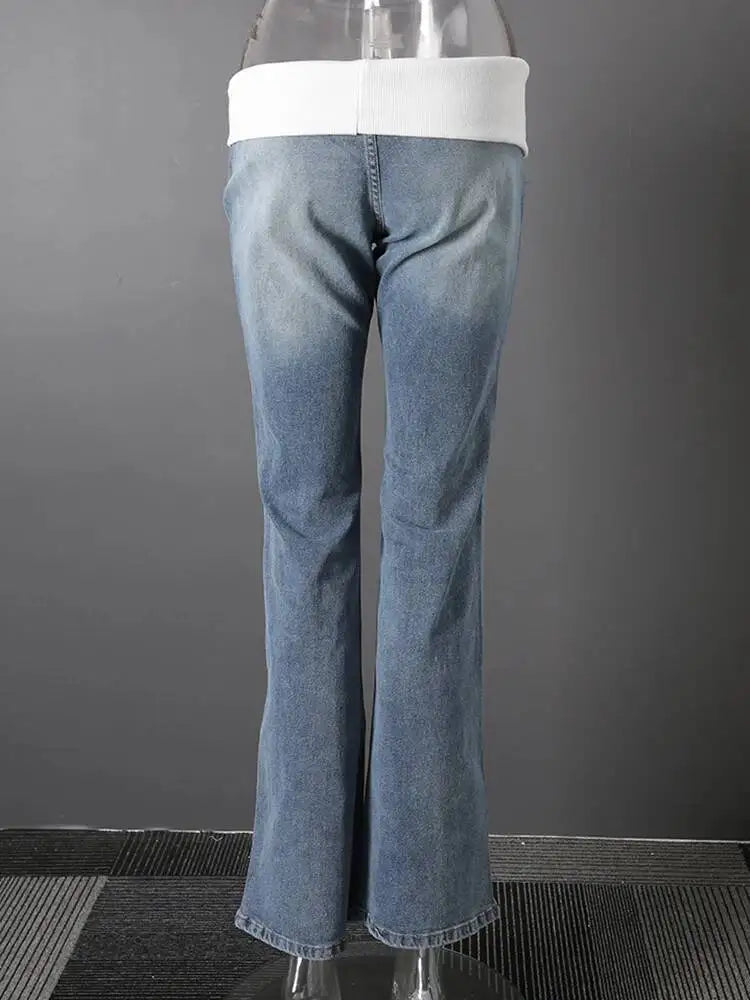 DEAT Fashion Fold Over Waist Flare Jeans Women's Low Waist Slim Light Blue Denim Pants Summer New