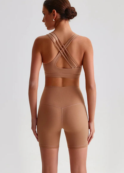 Solid Color High Impact Solid Gym Yoga Set Tight Legging Fitness Cross-back straps Bra Top 2pcs Soft Sport Suit  Women Sportwear