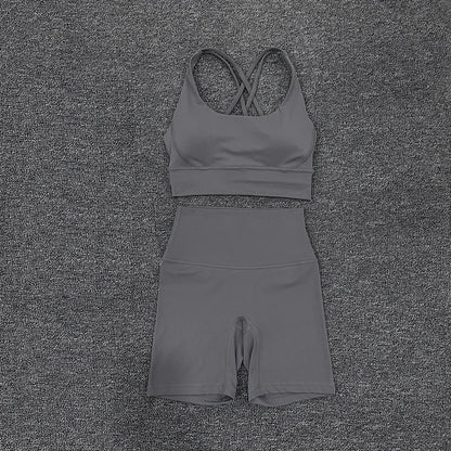 SOISOU Nylon Gym Yoga Set Women's Tracksuit Cycling Shorts Set Tight Elastic Short Chest Pad Removable Bra Womens Clothing