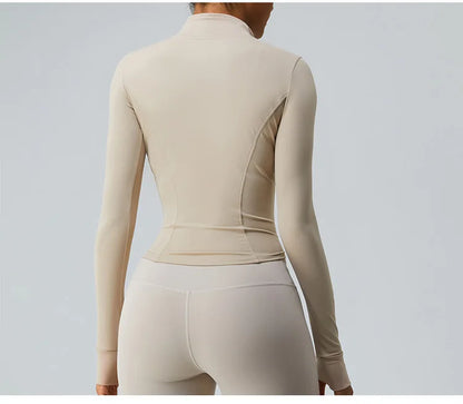Gym Shirt Women's Full Zipper Yoga Top With Thumbholes Fitness Running Jacket Stretch Fit Long Sleeve Round Neck Top Sportswear
