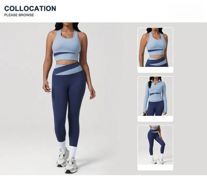 New Women's Color-Block Yoga Outfit Set Back Beauty Fitness Tank Top Long Sleeve Coat Hip-Lifting Leggings Running Fitness Set