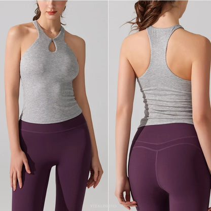 VITALINOVO Women's Tank Top High Neck Ribbed Raceback Going Out Basic Tops with Built-in Bra Summer Sleeveless Yoga Slim Fitted
