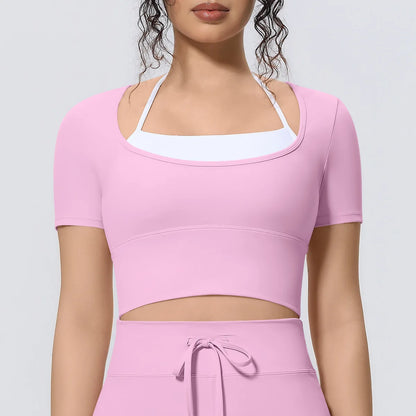 Yoga Sexy Dance Clothes High Elastic Sports T-shirt Women Fitness Top Short Sleeves Running Shirts Gym Push Up Workout Top Tee