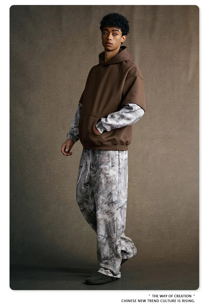 Custom LOGO Men's 2025 Autumn New 340G fleece-lined Fake Two-piece Camouflage Sweater T-Shirt Casual Pants Set