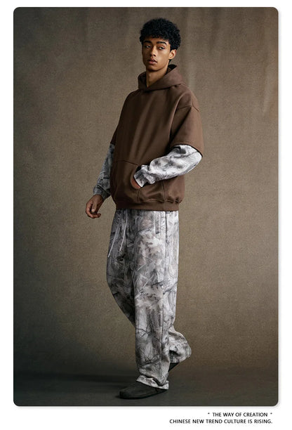 Custom LOGO Men's 2025 Autumn New 340G fleece-lined Fake Two-piece Camouflage Sweater T-Shirt Casual Pants Set