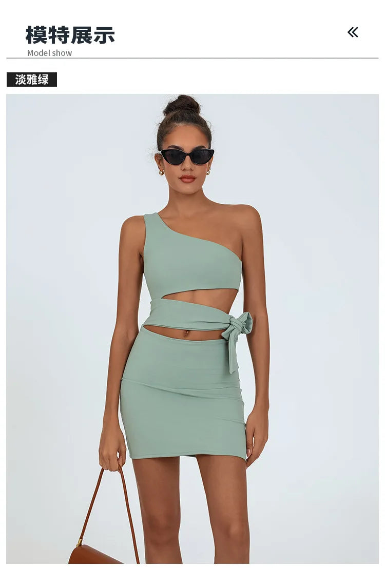 Tennis Dress Women Golf One Shoulder Hollow Out Bandage Slim Fit Fitness Tennis Short Skrit Badminton Dress One-Pieces Yoga Set