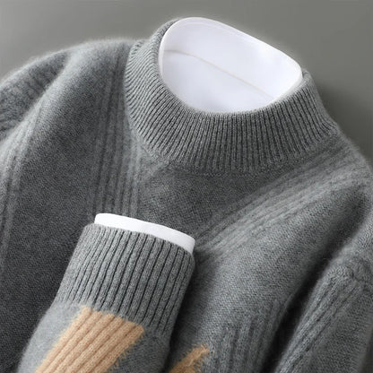 2025 Winter New Product Launch Men's Round Neck Jacquard Cashmere Knit Pullover 100% Pure Wool Men's Sweater Casual Thick Warm