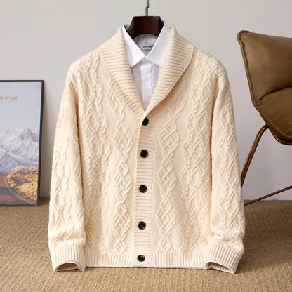 2025 Autumn Winter New Five Needle Thick 100% Merino Wool Sweater Men's Lapel Knit Cardigan Business Casual Warm Shirt Menswear